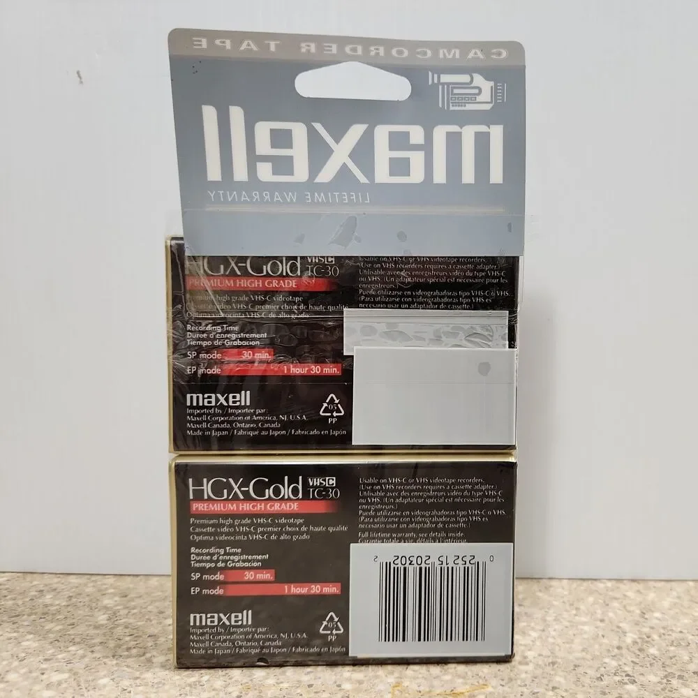 Lot Of 2 Maxwell VHS-C TC-30 HGX-Gold Premium High Grade Video Tapes New Sealed